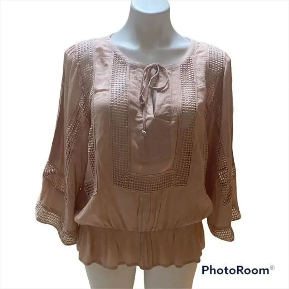 Daniel Rainn Crochet Peasant Tunic Top Pink Sheer Boho Womens Medium NWOT